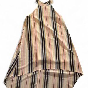 Large pink, white, blue, and black striped midi halter dress